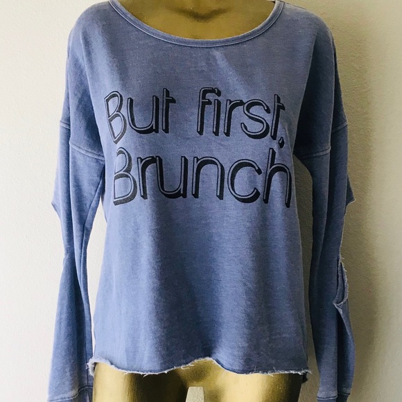 NWT Material Girl BUT FIRST BRUNCH Cut-Out Blue SWEATSHIRT M - Picture 9 of 11